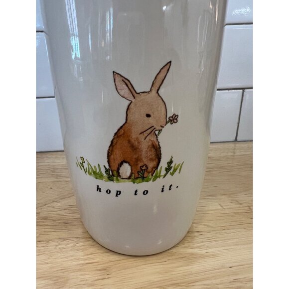 Rae Dunn Hop to It Ceramic Canister W/ Wooden Lid Easter Bunny Themed Decor - Picture 2 of 7